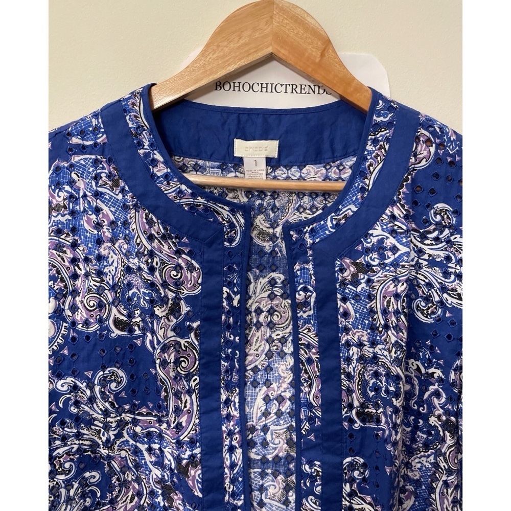 Chico's Patterned Eyelet Blue Open Front Cardigan Jacket, Size 1 or M/8